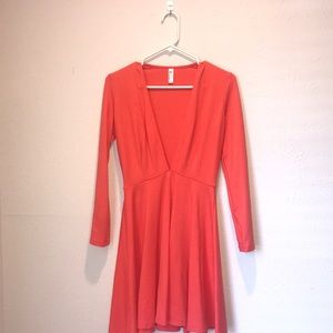 Deep V Coral long sleeved flare dress